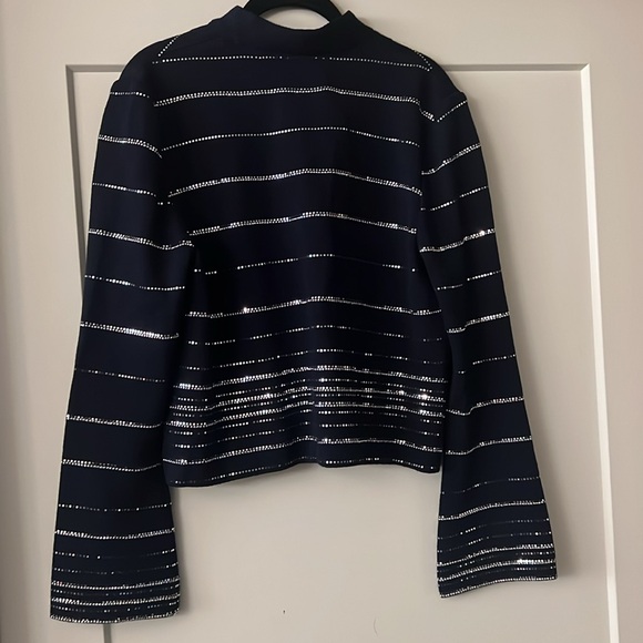 ST JOHN EVENING NAVY/ Horizontal line of glittering Rhinestone suit jacket - Picture 5 of 5